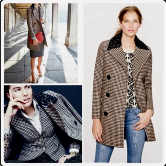 J Crew Houndstooth Double-Breasted Wool Coat Embellished Bejeweld Collar Size 12 - Picture 1 of 8